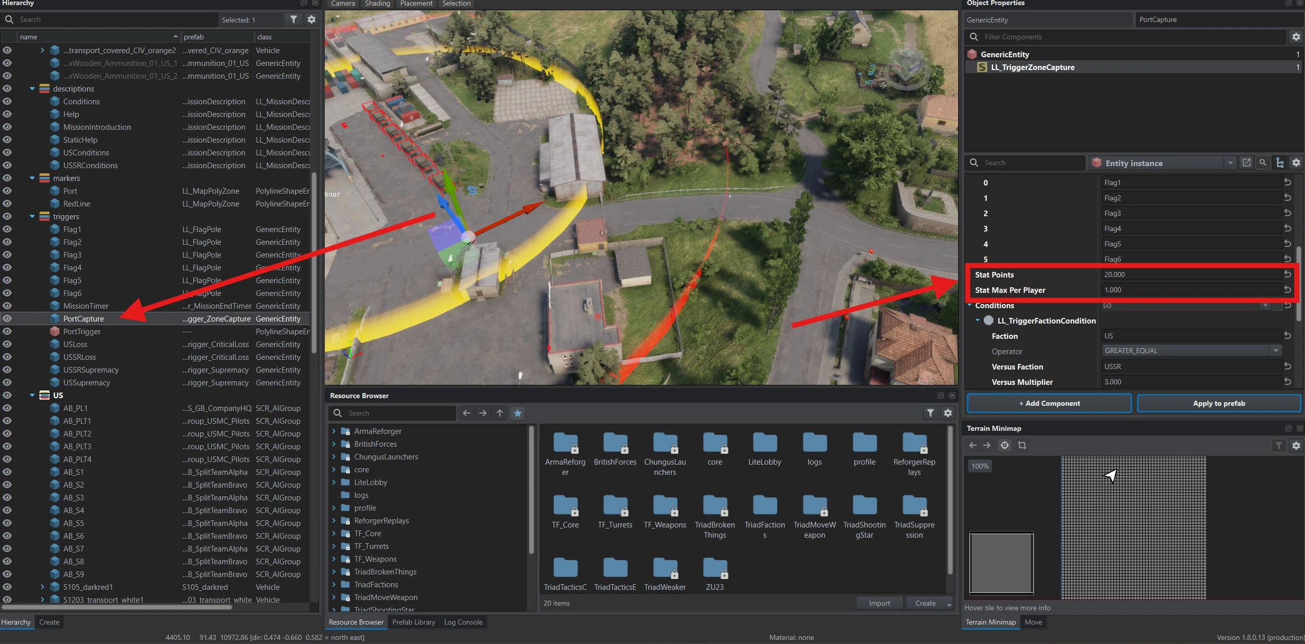 PortCapture with Stat Points set to 20 and Stat Max Per Player set to 1, both highlighted.