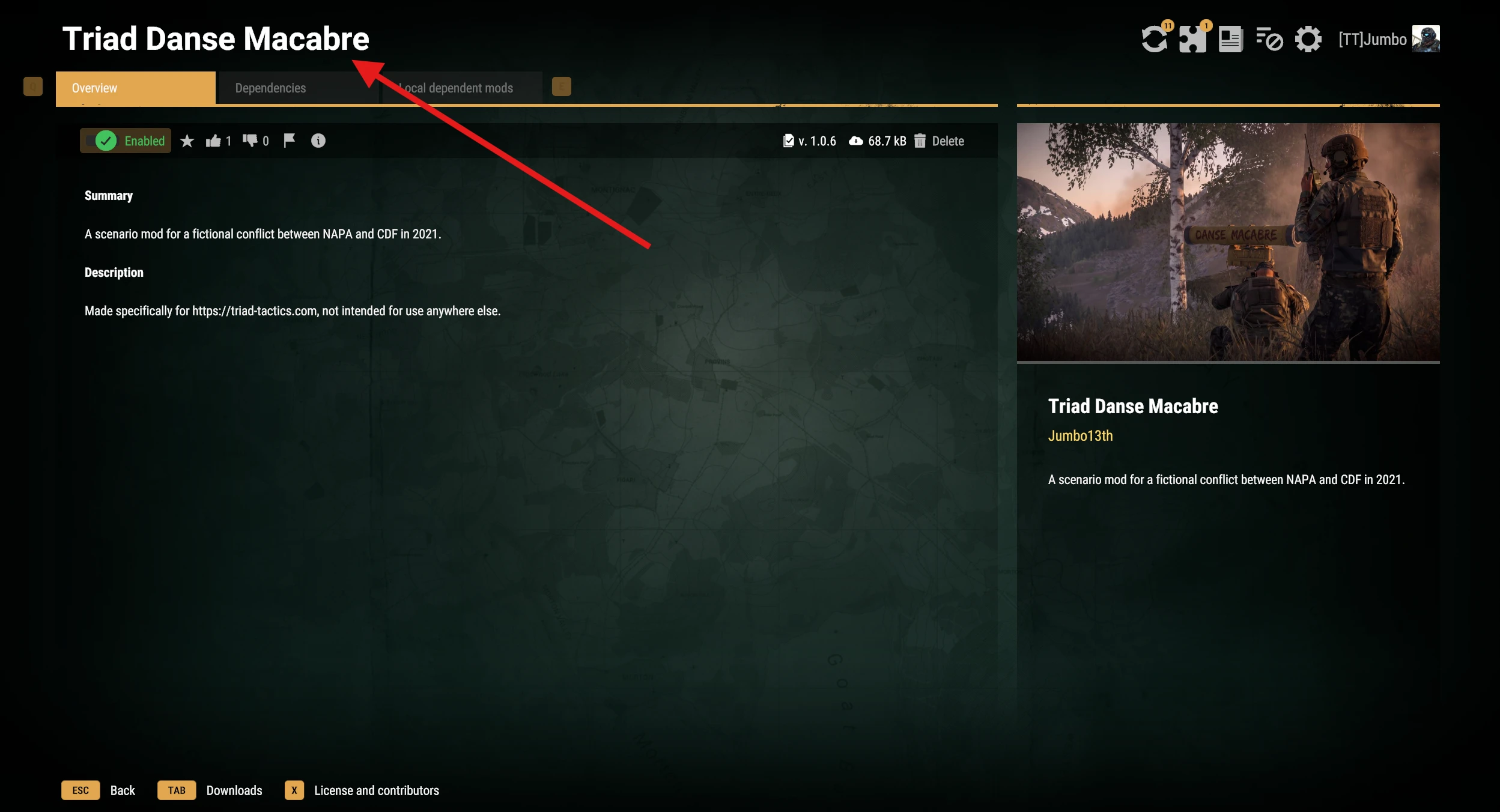 Triad Danse Macabre's in-game Workshop page; the mod is already installed and enabled.