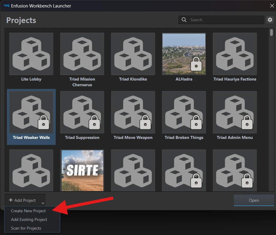Enfusion Workbench Launcher with Create New Project selected in the Add Project menu.