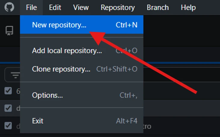 The File menu with New repository selected.