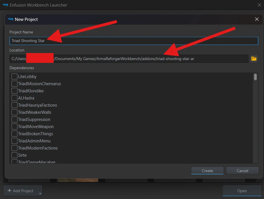 The New Project window: Project Name is Triad Shooting Star and Location points to the triad-shooting-star-ar repository folder.