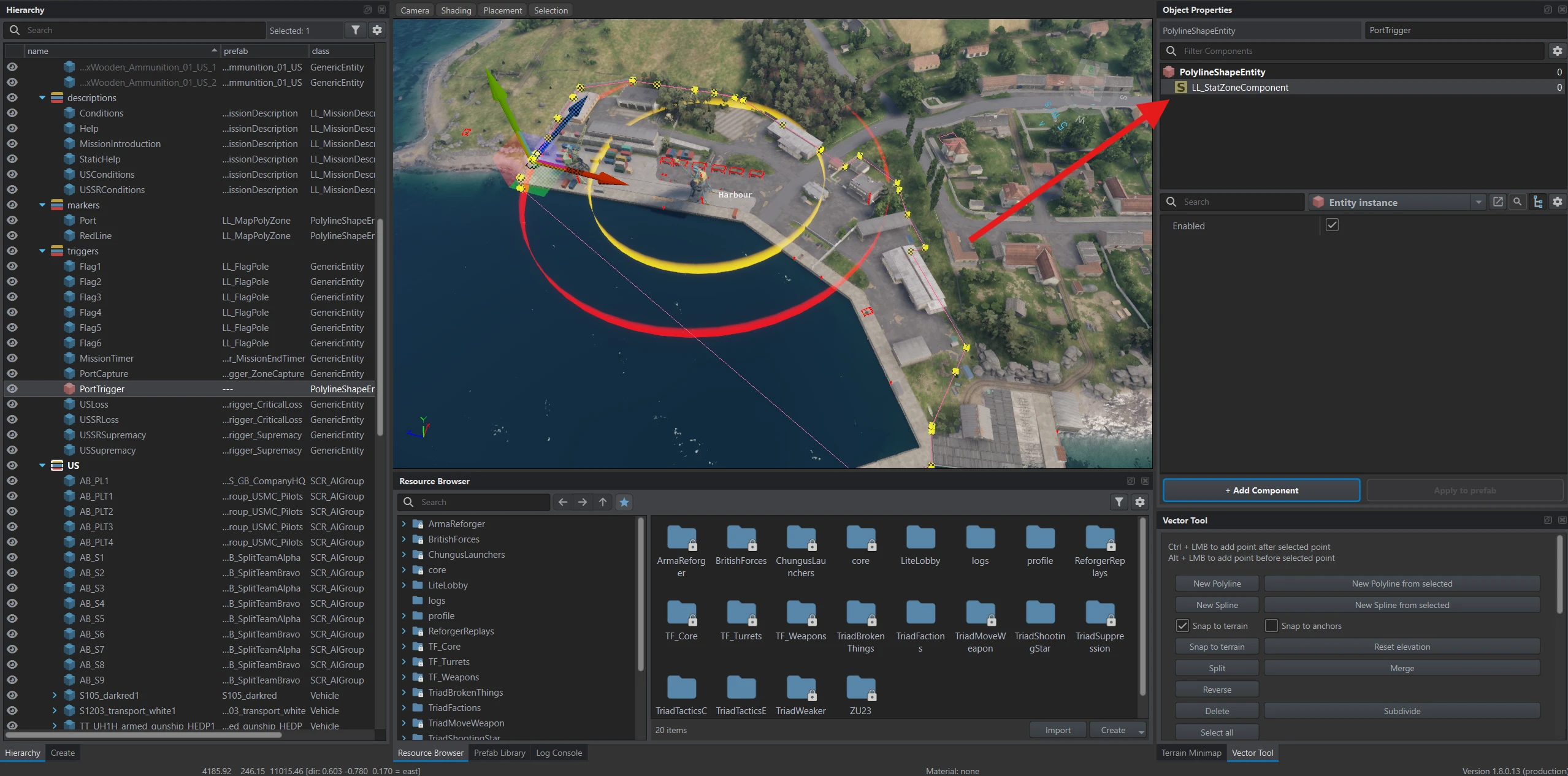 LL_StatZoneComponent added to PortTrigger, the object defining the port zone boundary.