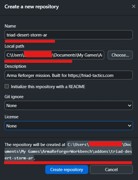Create a new repository with the name triad-desert-storm-ar and a location inside ArmaReforgerWorkbench addons.