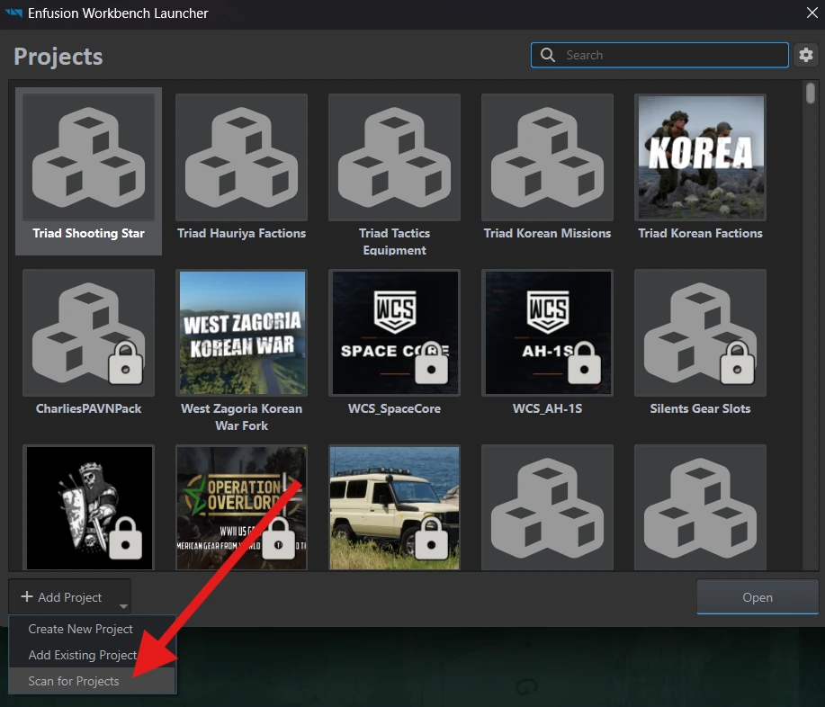 The Workbench Launcher Add Project menu with Scan for Projects indicated.