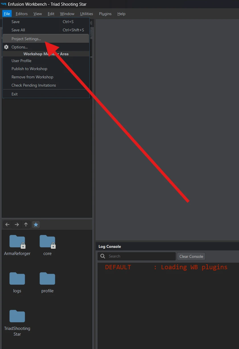 The File menu in Workbench with Project Settings selected.