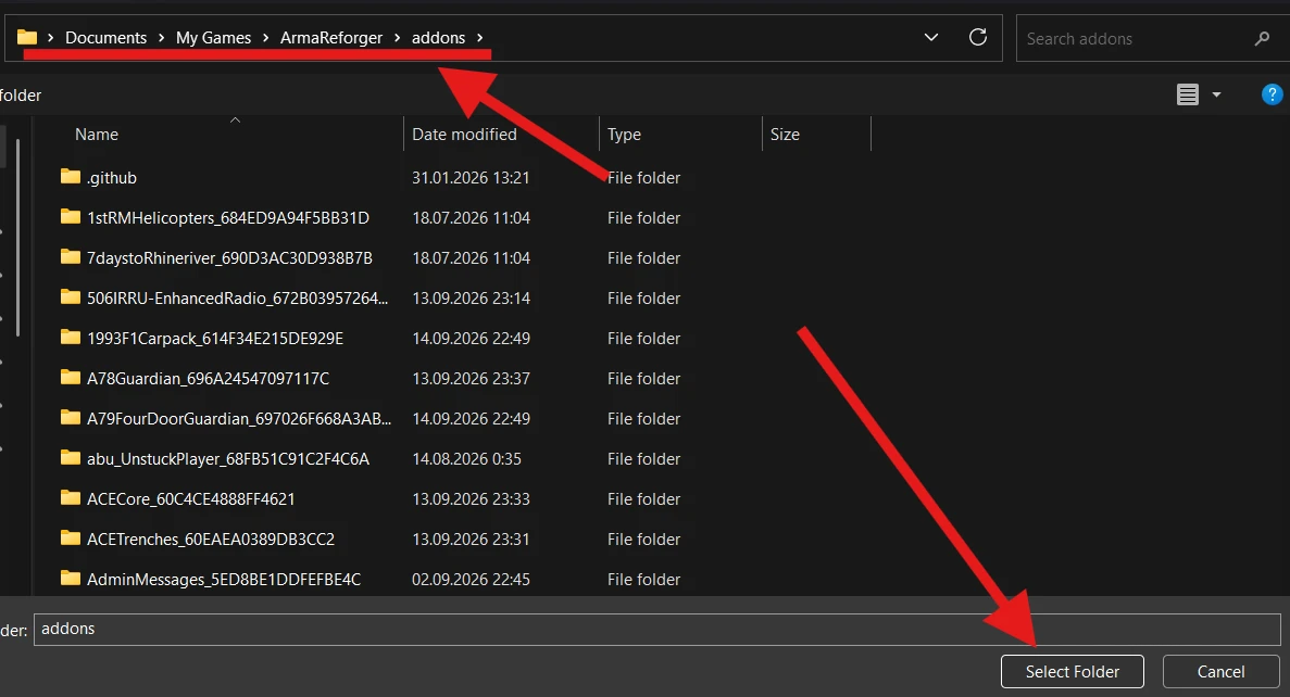 The Documents, My Games, ArmaReforger, addons folder selected, with Select Folder indicated.