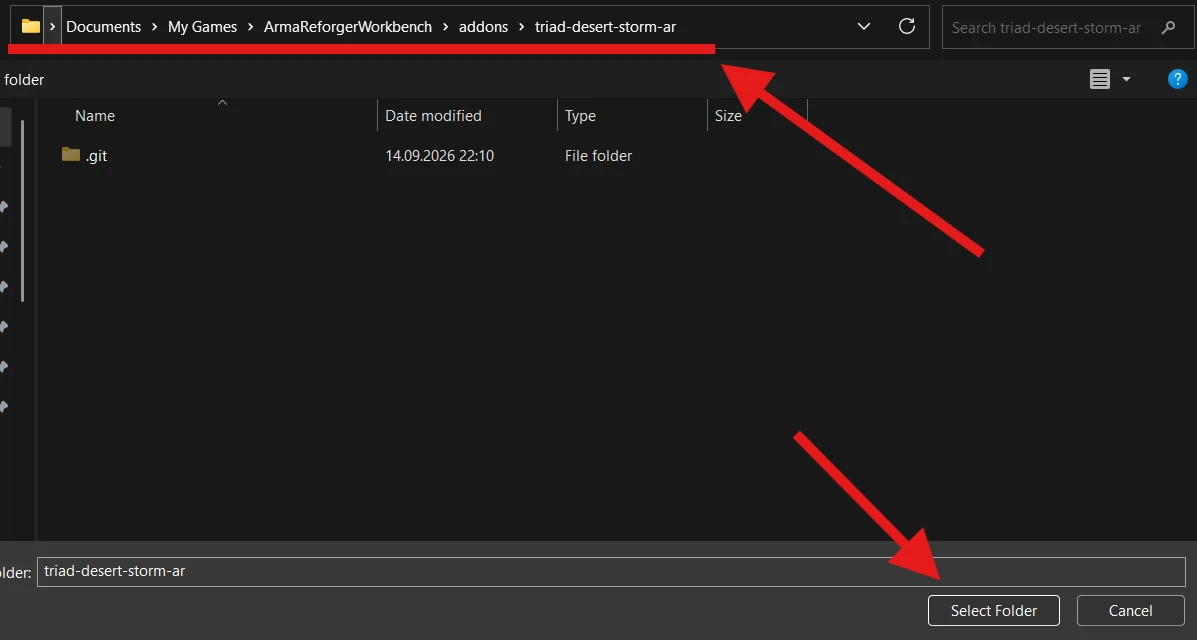 The folder picker is inside triad-desert-storm-ar, showing its .git folder.