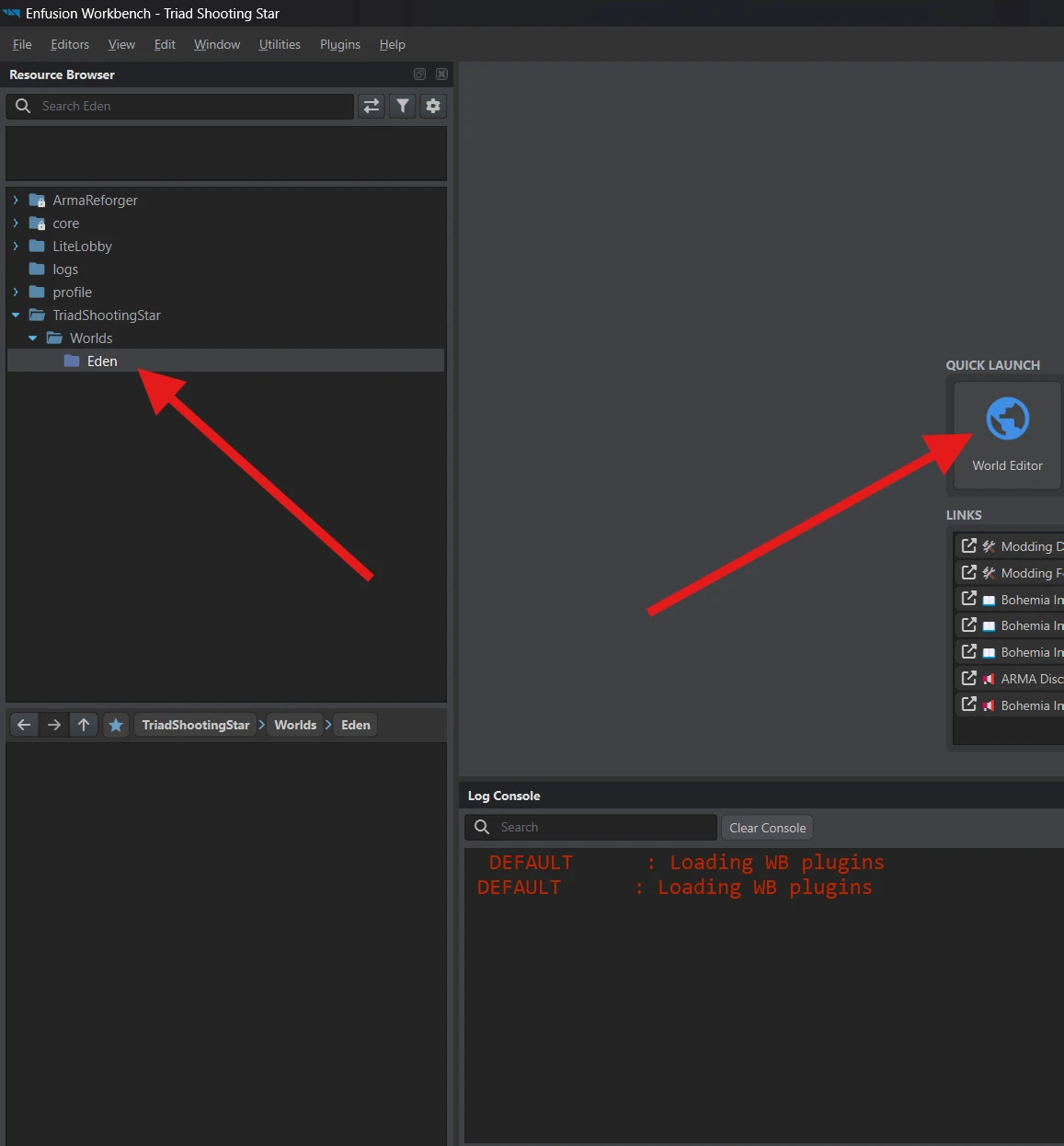 The main Workbench window with an arrow pointing to World Editor under Quick Launch.