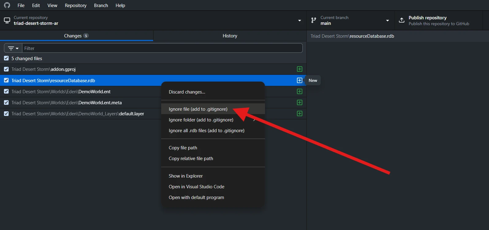The context menu for resourceDatabase.rdb with Ignore file (add to .gitignore) highlighted.