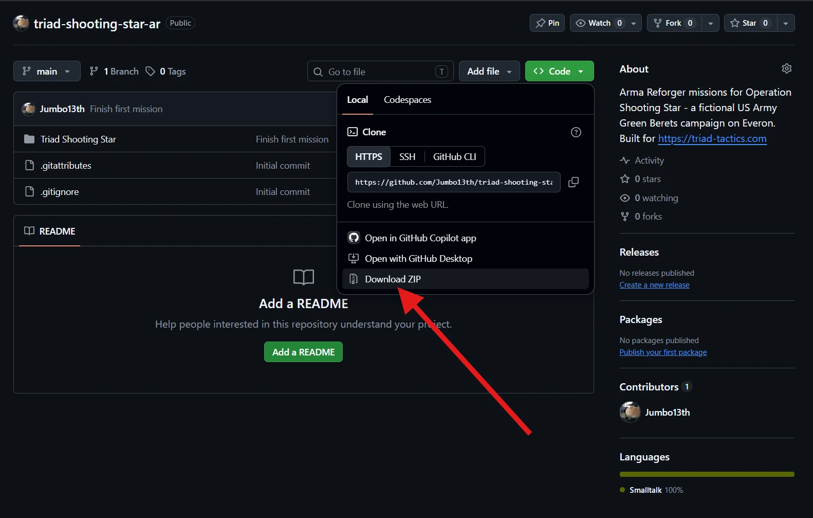 The Code menu in triad-shooting-star-ar with Download ZIP indicated.