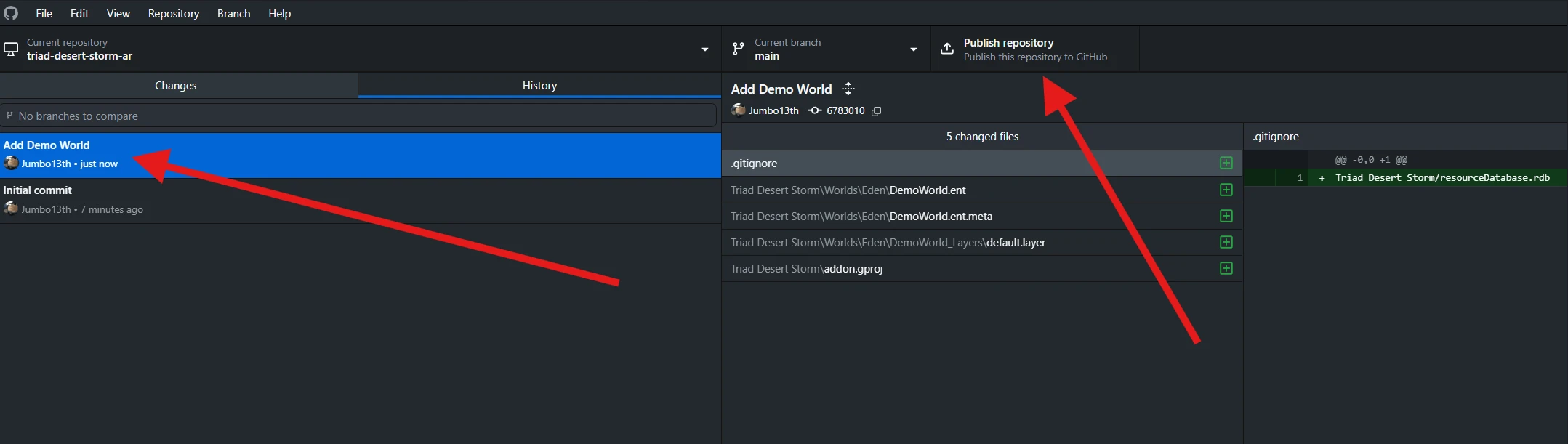 History shows Add Demo World, with Publish repository at the top.