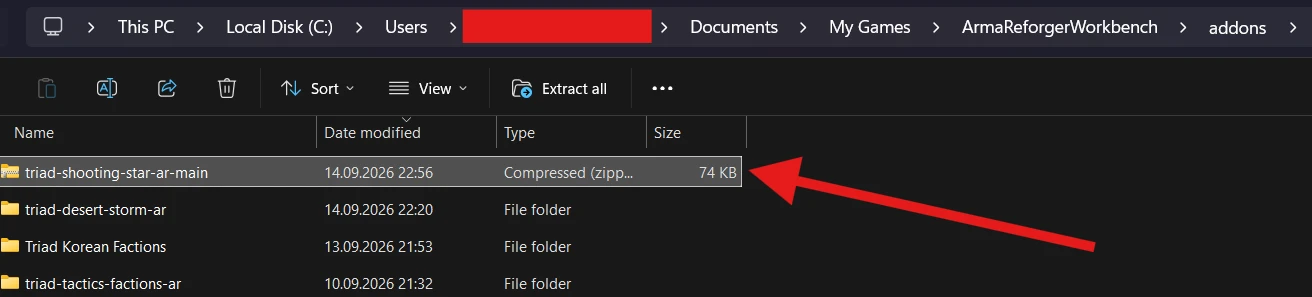 The triad-shooting-star-ar-main archive in ArmaReforgerWorkbench addons, with Extract all in the toolbar.