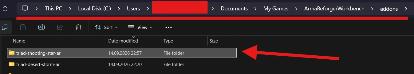 The extracted triad-shooting-star-ar folder in ArmaReforgerWorkbench addons.