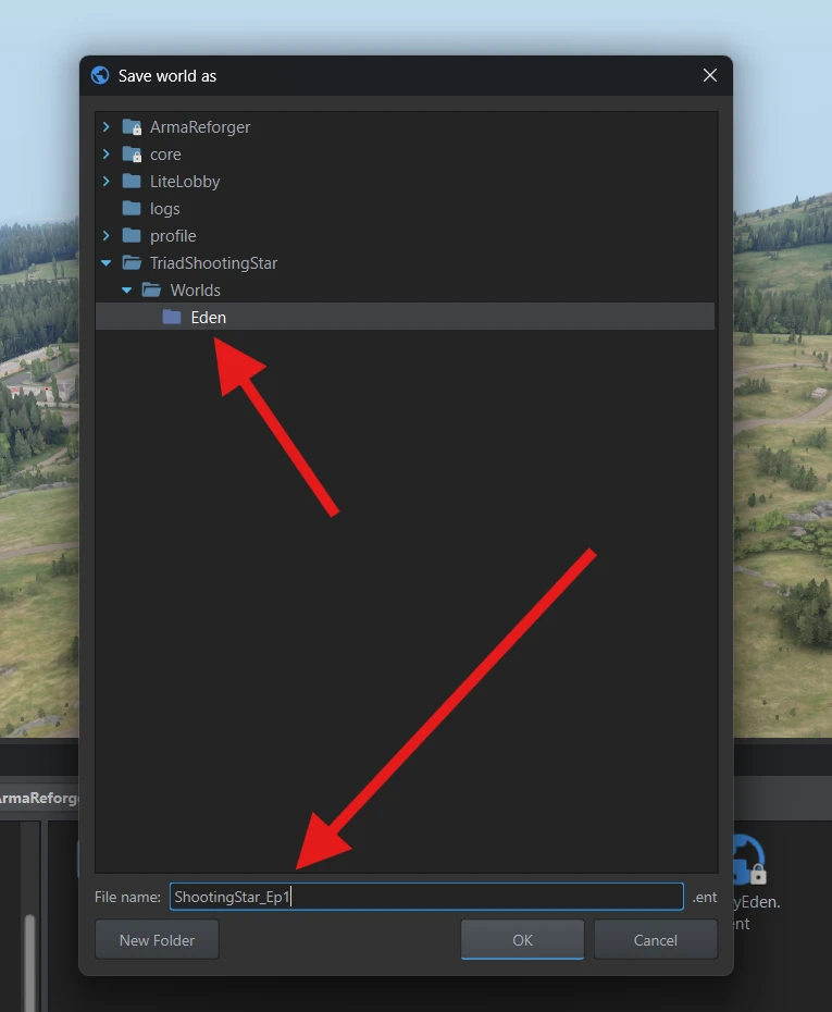 The Save world as dialog showing the project's Worlds/Eden folder and ShootingStar_Ep1 in File name.