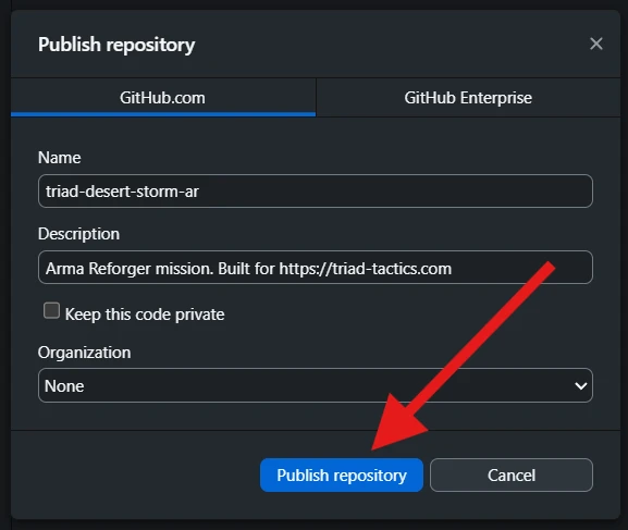 Publish repository with the name triad-desert-storm-ar and Keep this code private unchecked.
