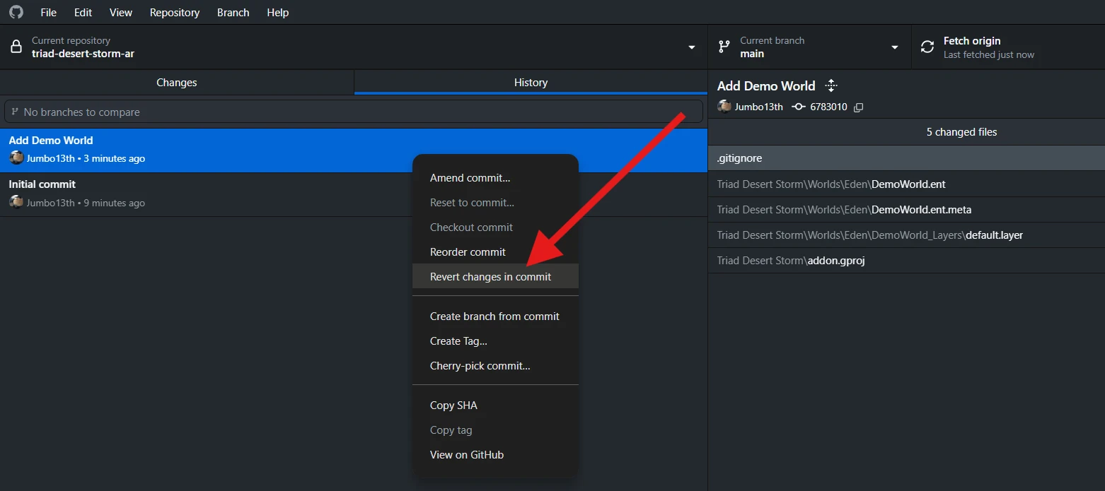 The context menu for Add Demo World in History, with Revert changes in commit indicated.