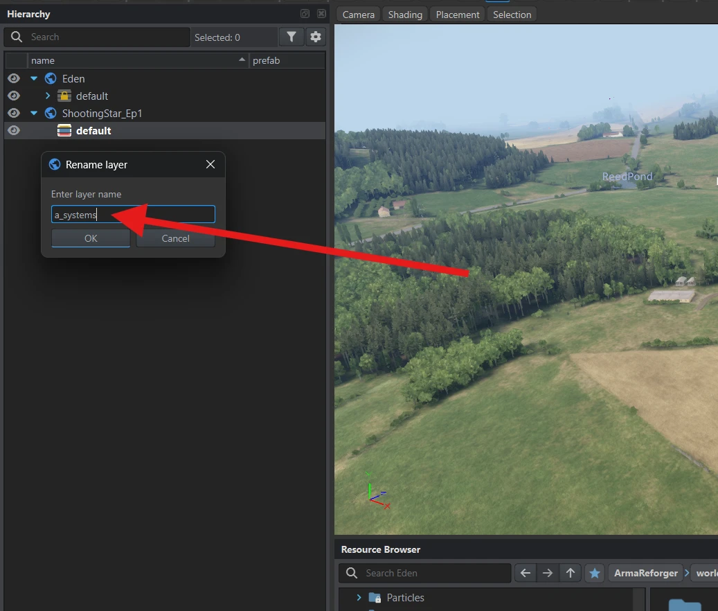 Hierarchy with the default layer under ShootingStar_Ep1 selected and a_systems entered in Rename layer.