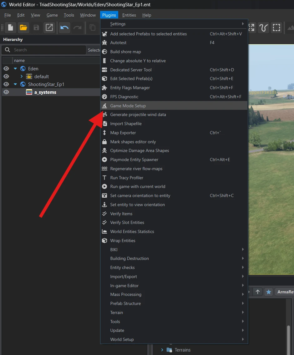 Game Mode Setup selected in the Plugins menu, with a_systems active in Hierarchy.