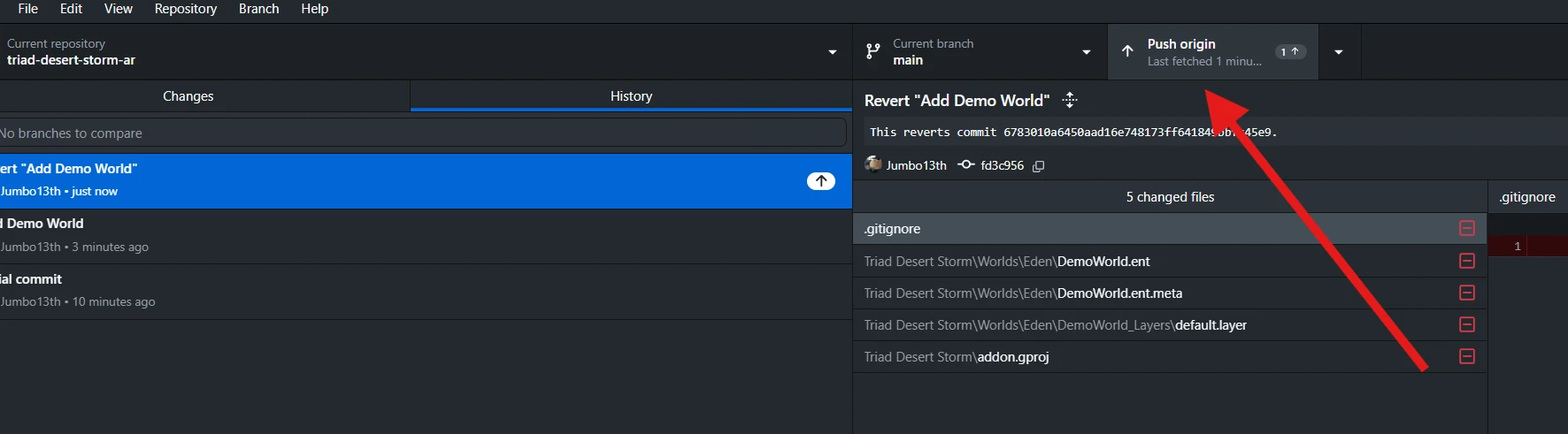 History shows Revert Add Demo World; deleted files are marked red and Push origin is available.