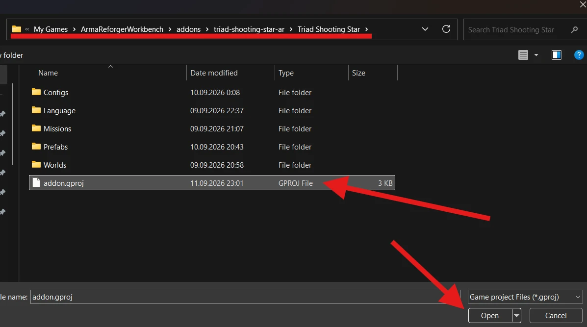 The addon.gproj file selected inside triad-shooting-star-ar, Triad Shooting Star, with Open indicated.