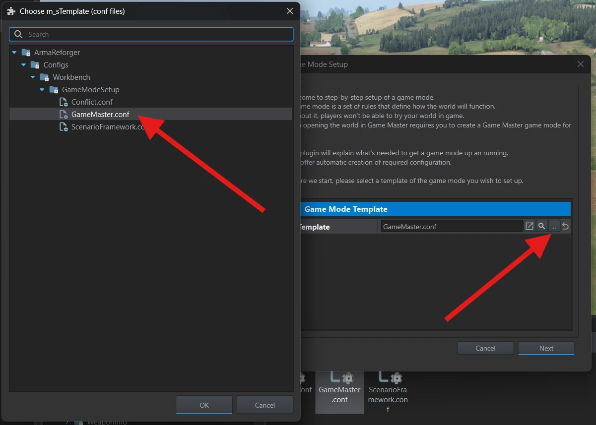 The Template picker with GameMaster.conf selected in Configs/Workbench/GameModeSetup.