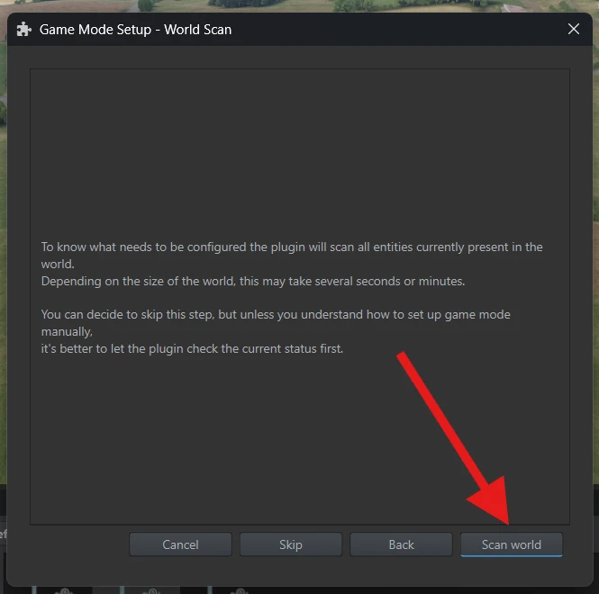 The World Scan dialog with an arrow pointing to Scan world.
