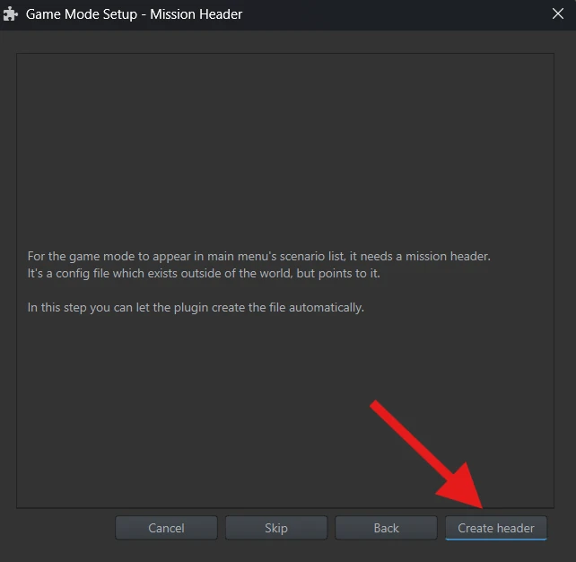 The Mission Header dialog with an arrow pointing to Create header.