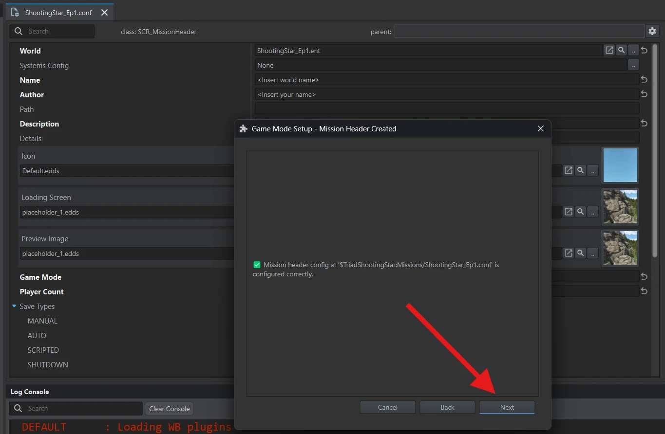 Confirmation that Missions/ShootingStar_Ep1.conf was created, with the new file open behind the wizard.