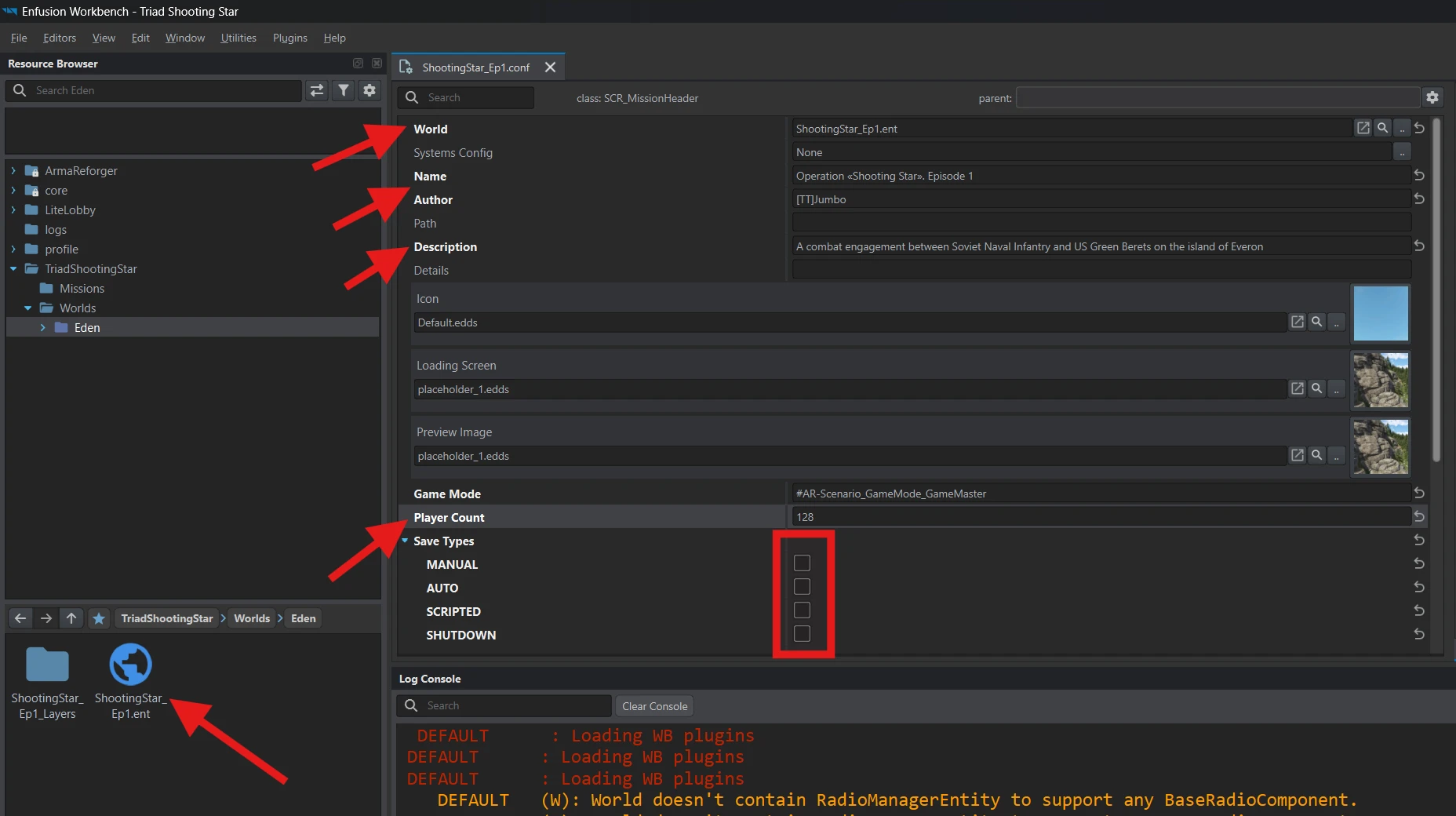 ShootingStar_Ep1.conf with World, Name, Author, Description and Player Count filled in, and all Save Types disabled.