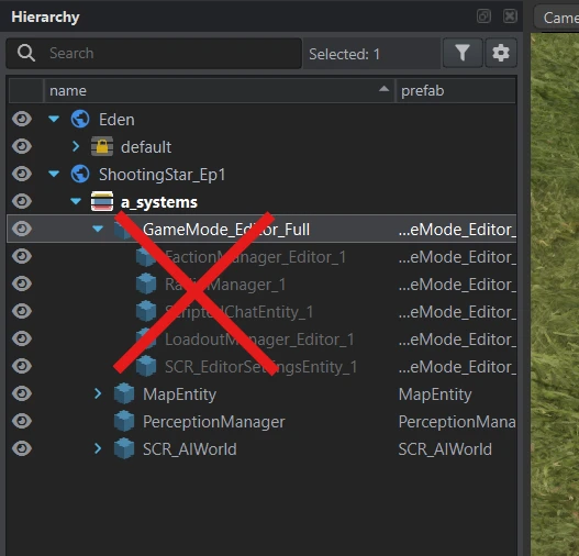 GameMode_Editor_Full and its children crossed out in a_systems; MapEntity, PerceptionManager and SCR_AIWorld are separate objects.
