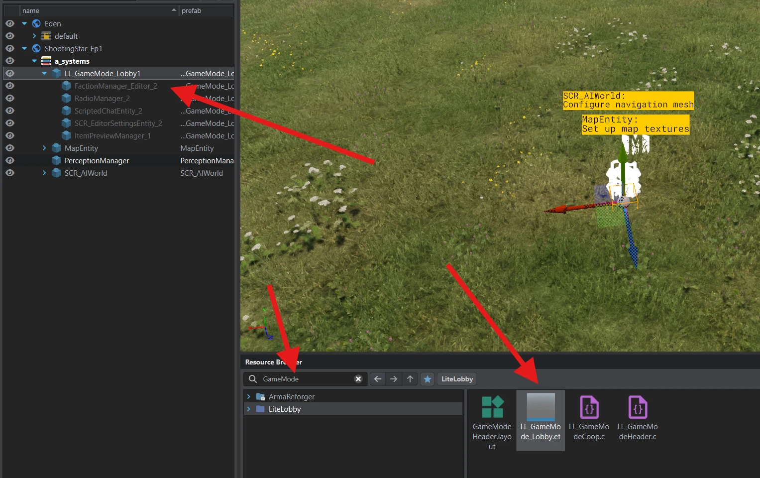 LL_GameMode_Lobby.et found in Resource Browser, with LL_GameMode_Lobby1 and its children added to a_systems.