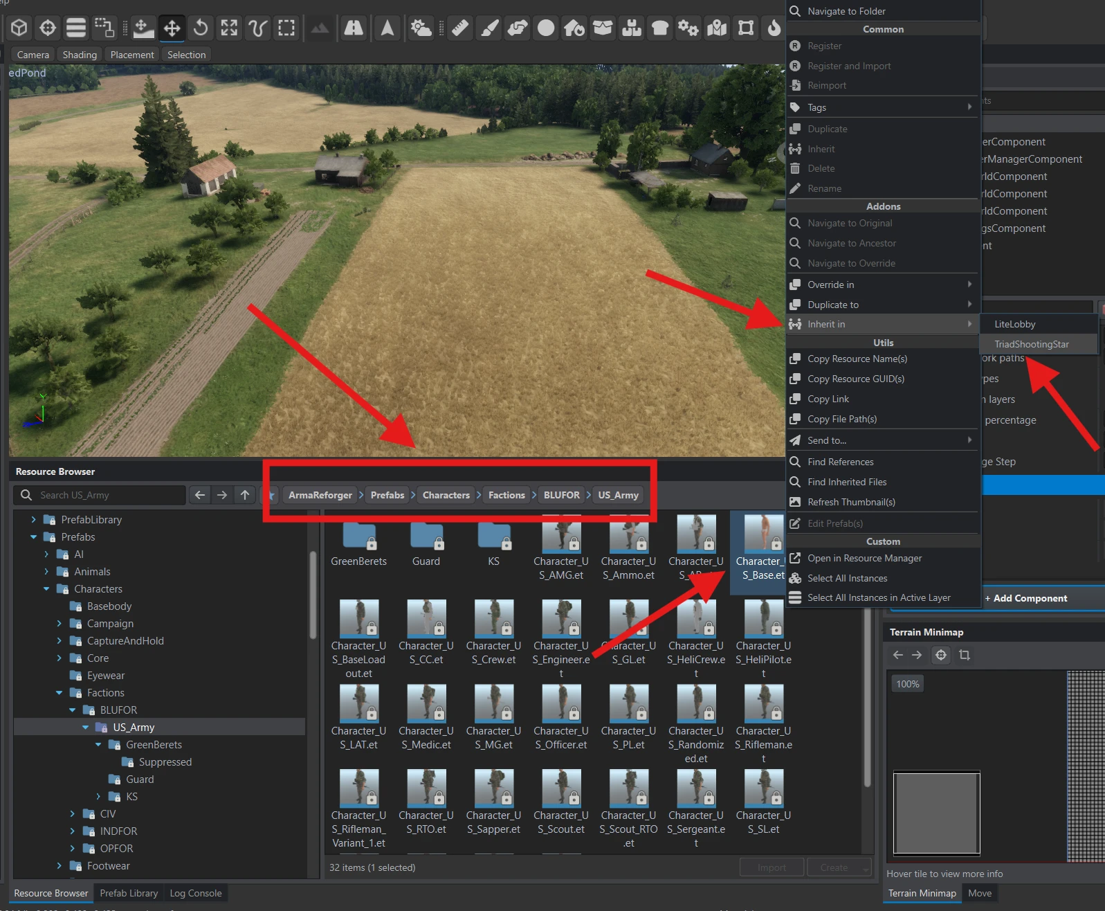 Character_US_Base.et selected in Resource Browser, with Inherit in → TriadShootingStar open in the context menu.