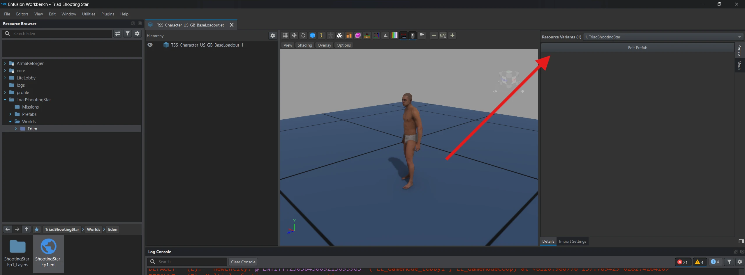 TSS_Character_US_GB_BaseLoadout.et open with an arrow pointing to the Edit Prefab button on the right.