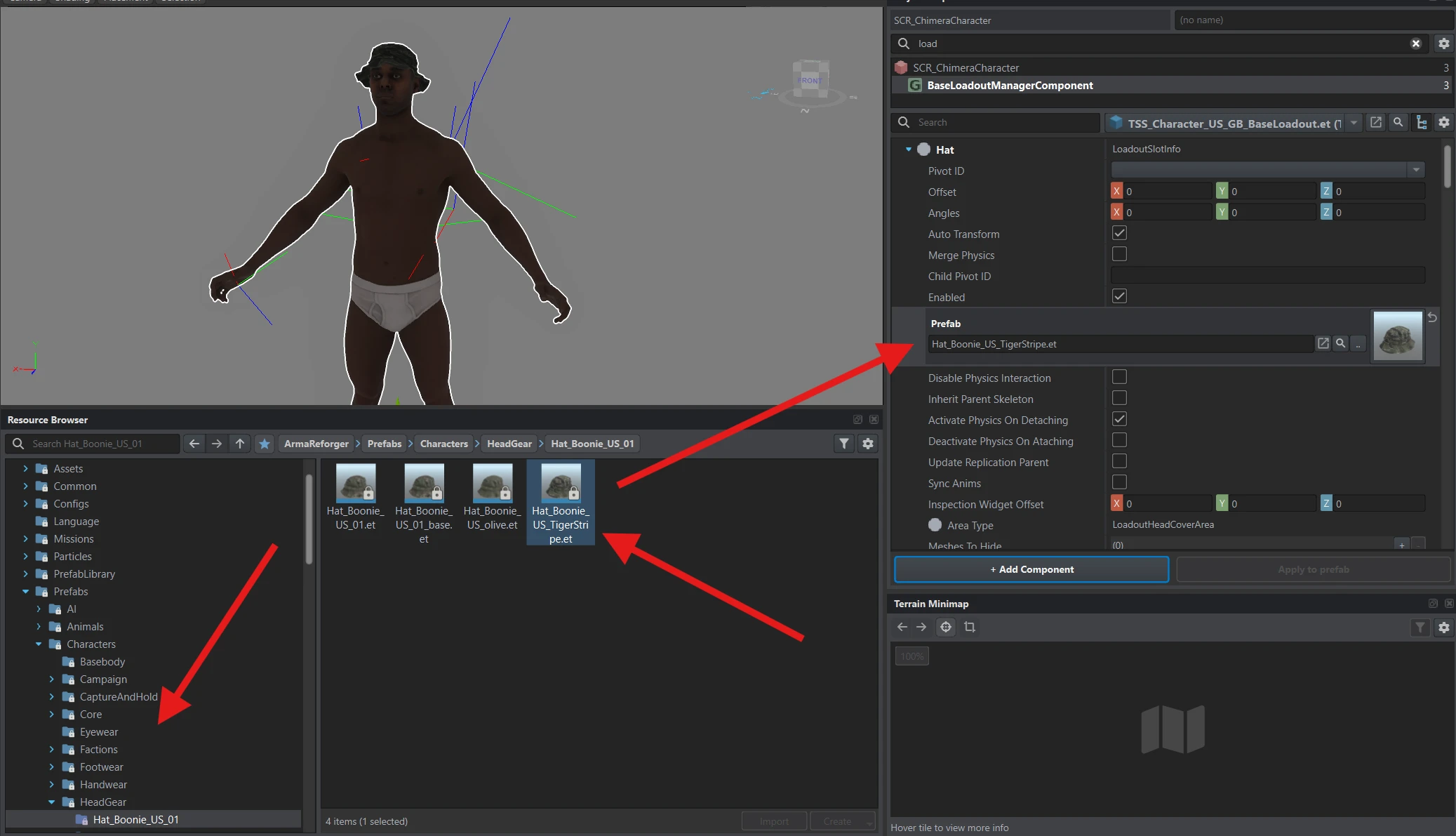 Hat_Boonie_US_TigerStripe.et assigned to the Hat slot's Prefab field, with the boonie hat visible on the character.