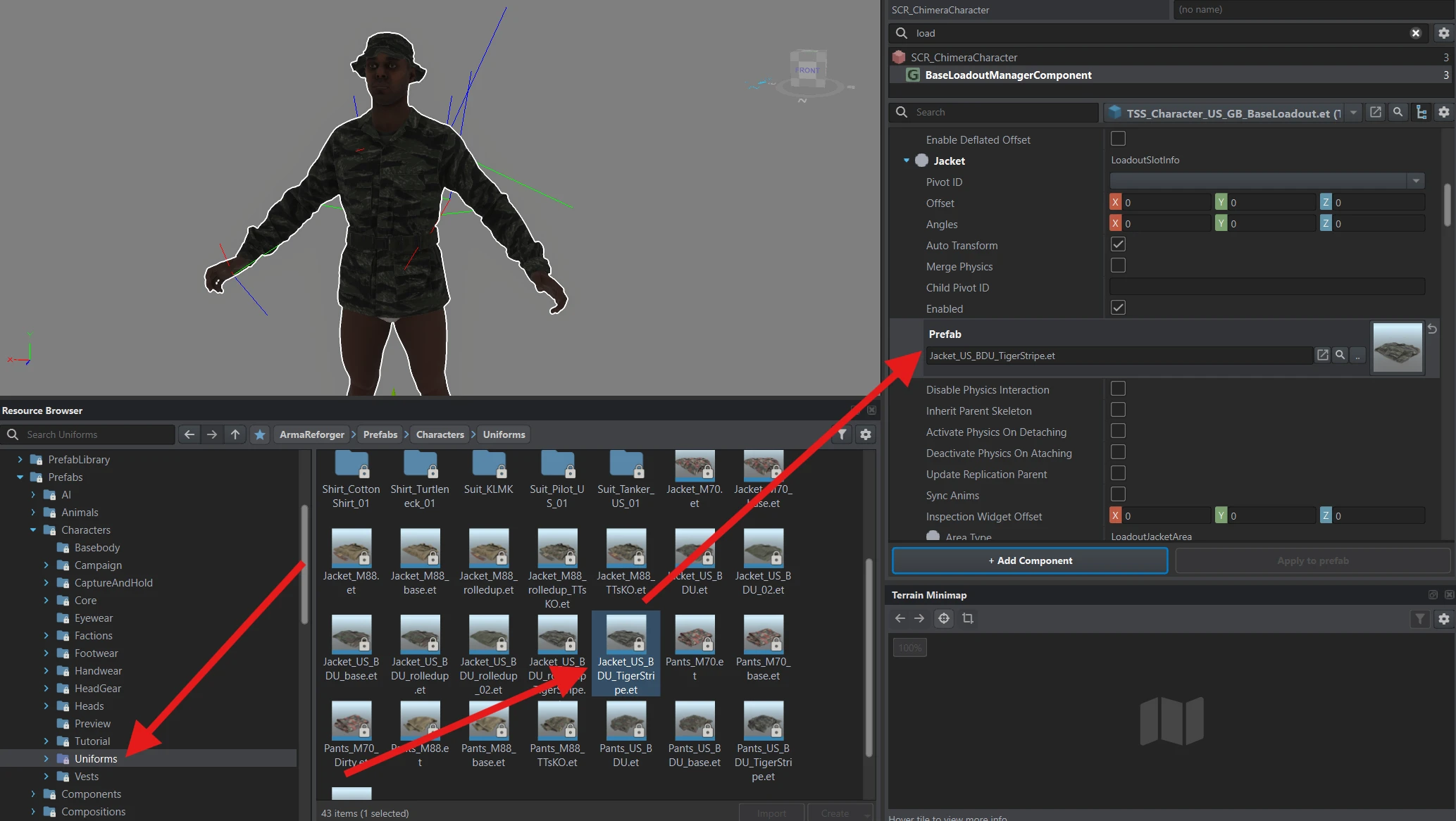 Jacket_US_BDU_TigerStripe.et assigned to the Jacket slot, with the jacket visible on the character.