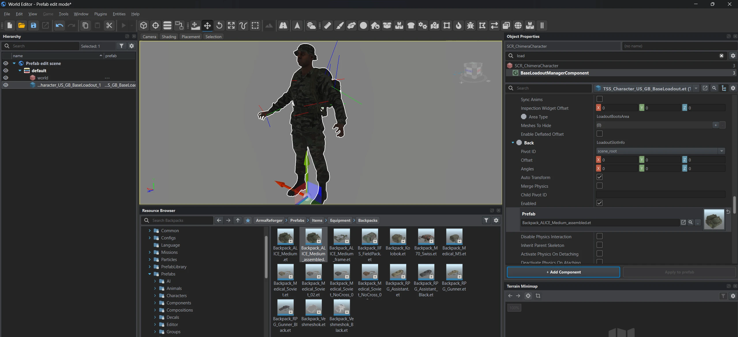 The character is dressed, with Backpack_ALICE_Medium_assembled.et assigned to the Back slot's Prefab field.