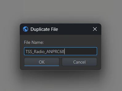 Duplicate File dialog with TSS_Radio_ANPRC68 entered as the filename.