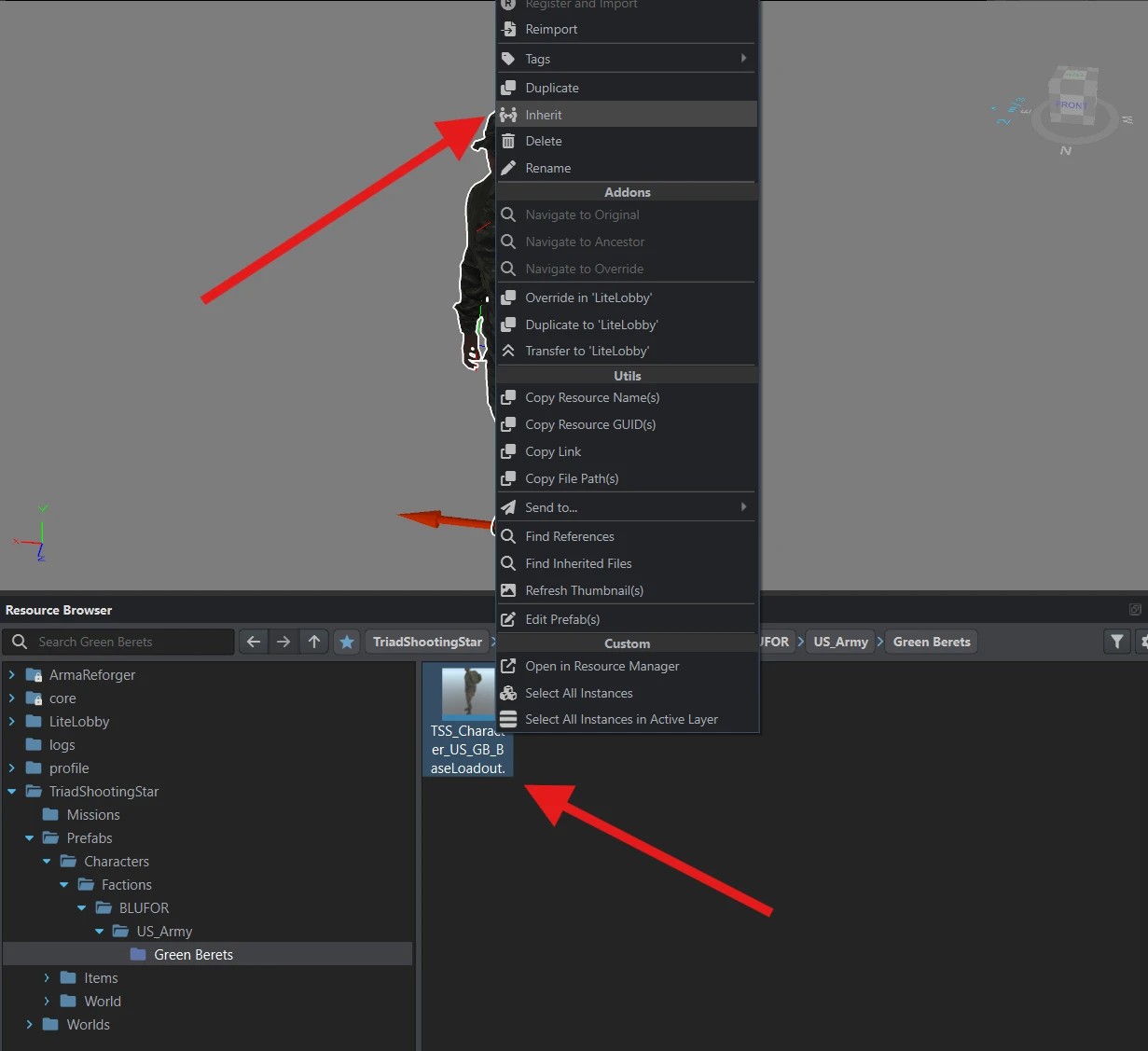 The Inherit command selected in the context menu of TSS_Character_US_GB_BaseLoadout.et.