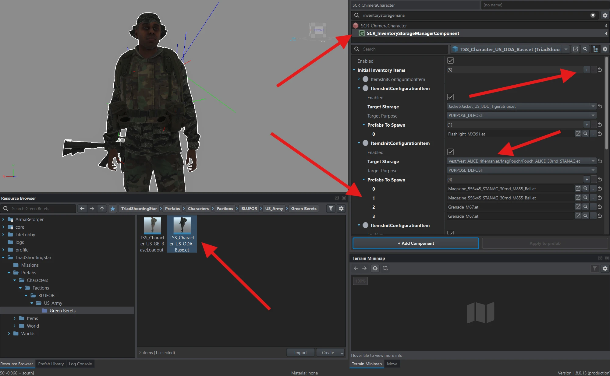 SCR_InventoryStorageManagerComponent showing new entries, Target Storage selection, and Prefabs To Spawn.