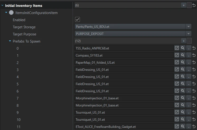 Initial Inventory Items showing the twelve inherited items in Pants/Pants_US_BDU.et.