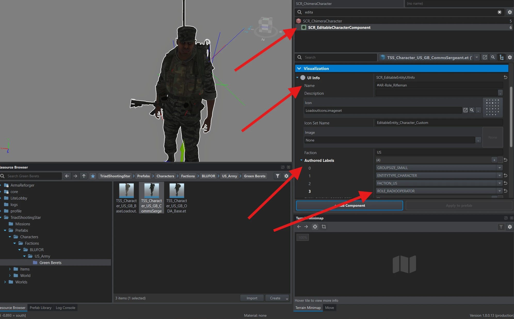 SCR_EditableCharacterComponent with UI Info and Authored Labels expanded and ROLE_RADIOOPERATOR selected.