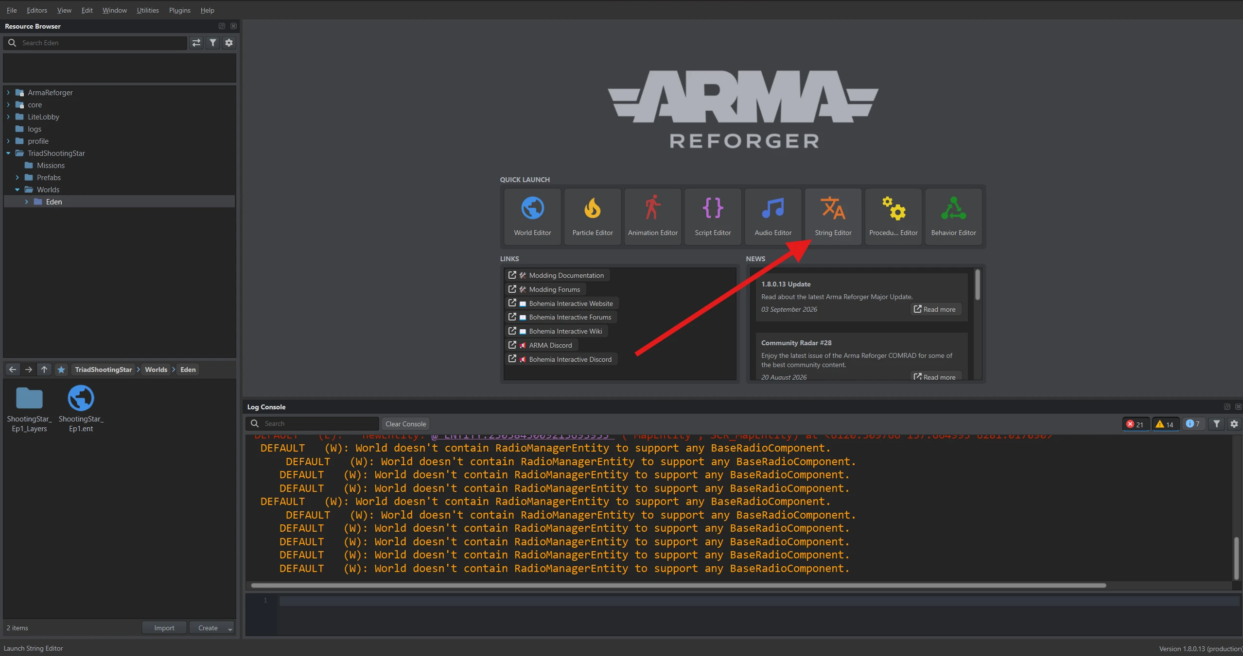 The String Editor button is marked in the main Workbench window.