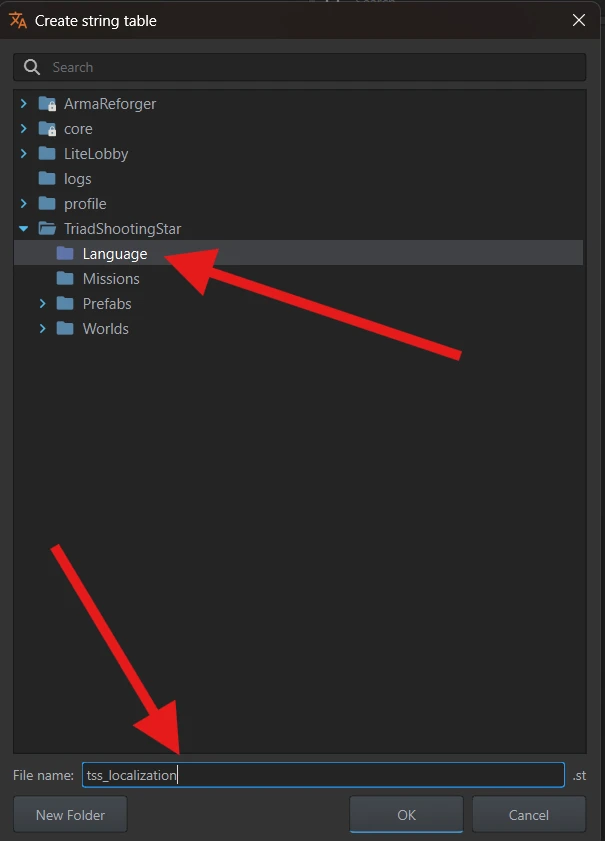The Create string table dialog with the addon's Language folder selected and tss_localization entered.