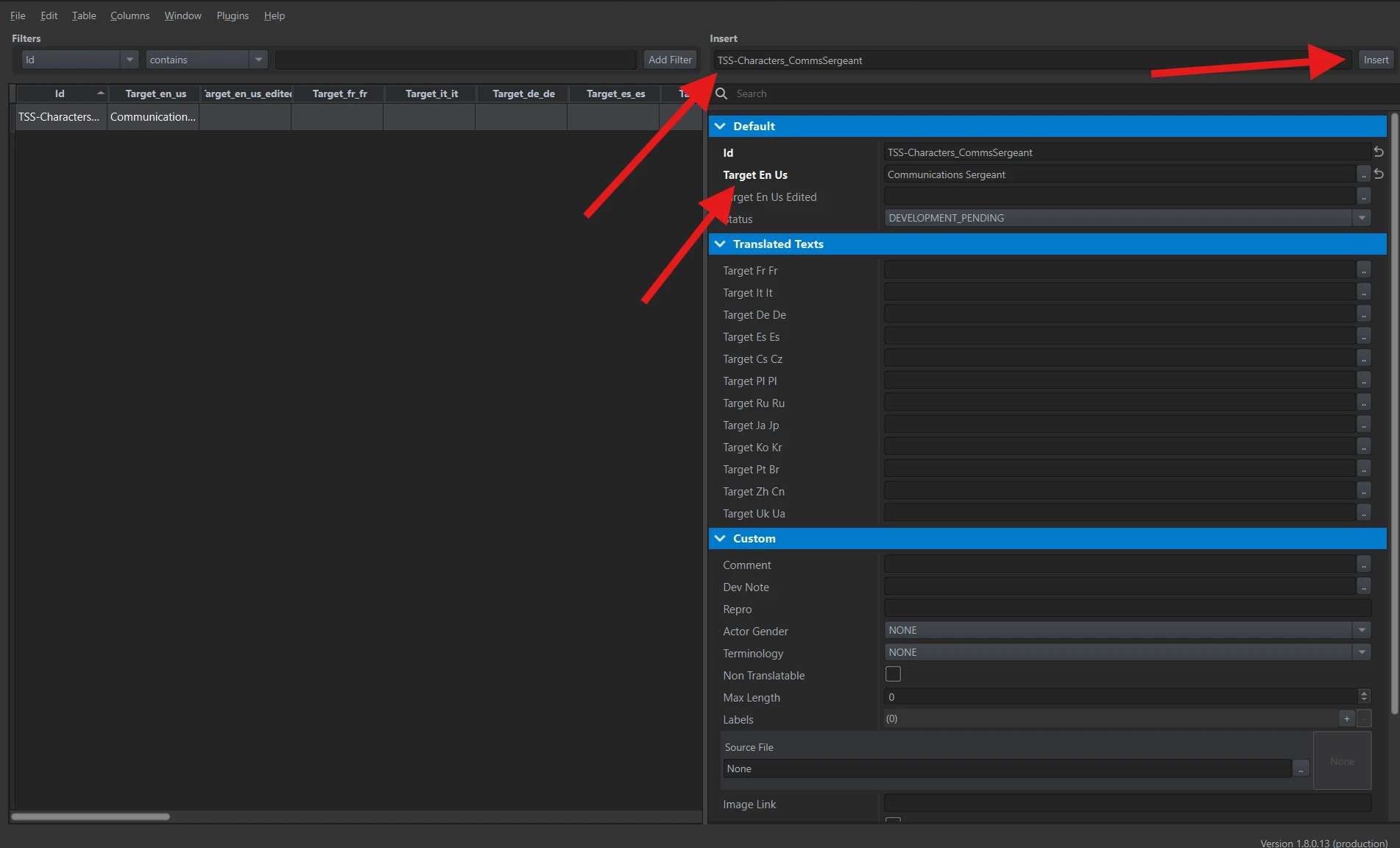 String Editor shows TSS-Characters_CommsSergeant with Target En Us filled in; Target Ru Ru is below under Translated Texts.