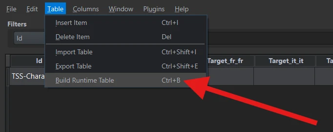 Build Runtime Table and its Ctrl+B shortcut in the Table menu.