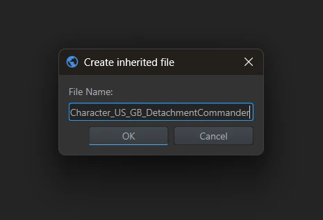 The Create inherited file dialog with the commander prefab name.