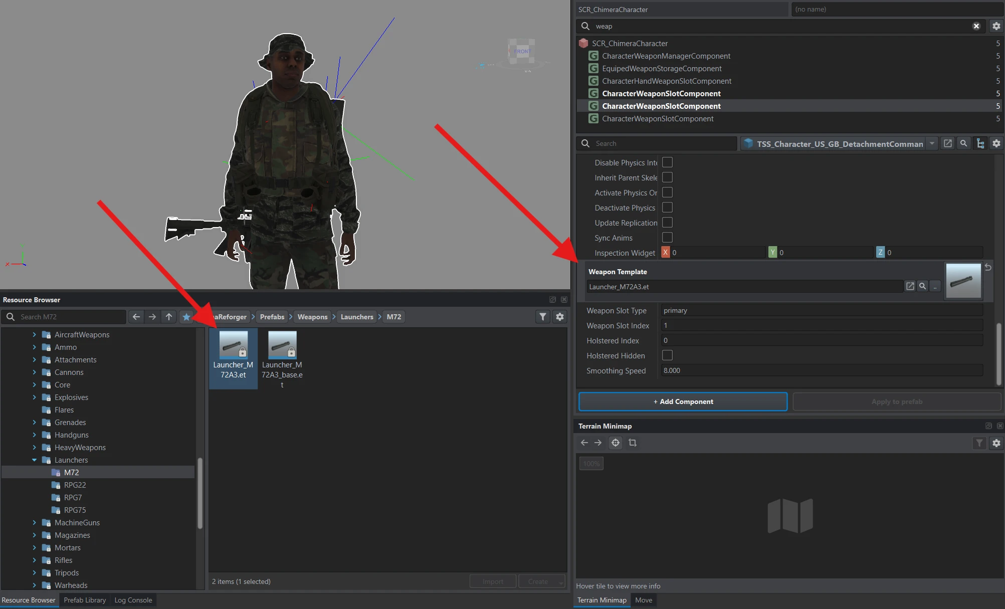 Launcher_M72A3.et assigned to CharacterWeaponSlotComponent with type primary and index 1.