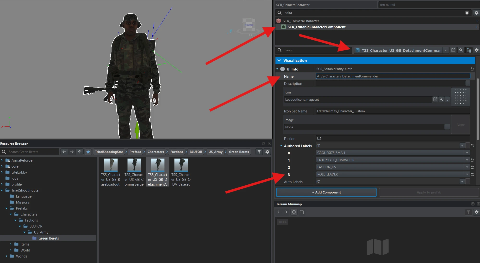 The commander's UI Info contains #TSS-Characters_DetachmentCommander and ROLE_LEADER.