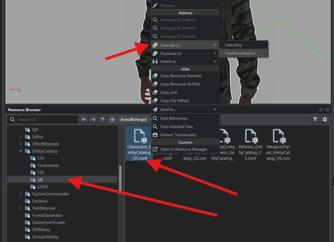 Override in selected for Characters_EntityCatalog_US.conf, with the addon choices shown.