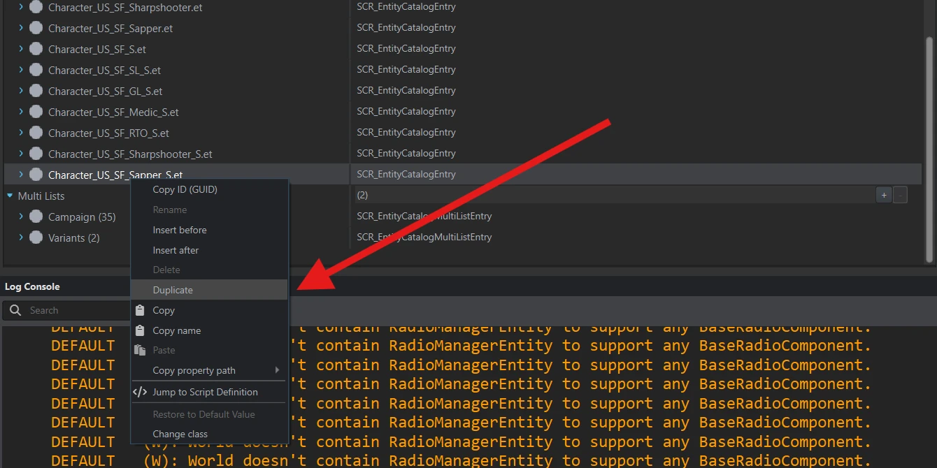 Duplicate selected in the context menu of the Character_US_SF_Sapper_S.et catalog entry.